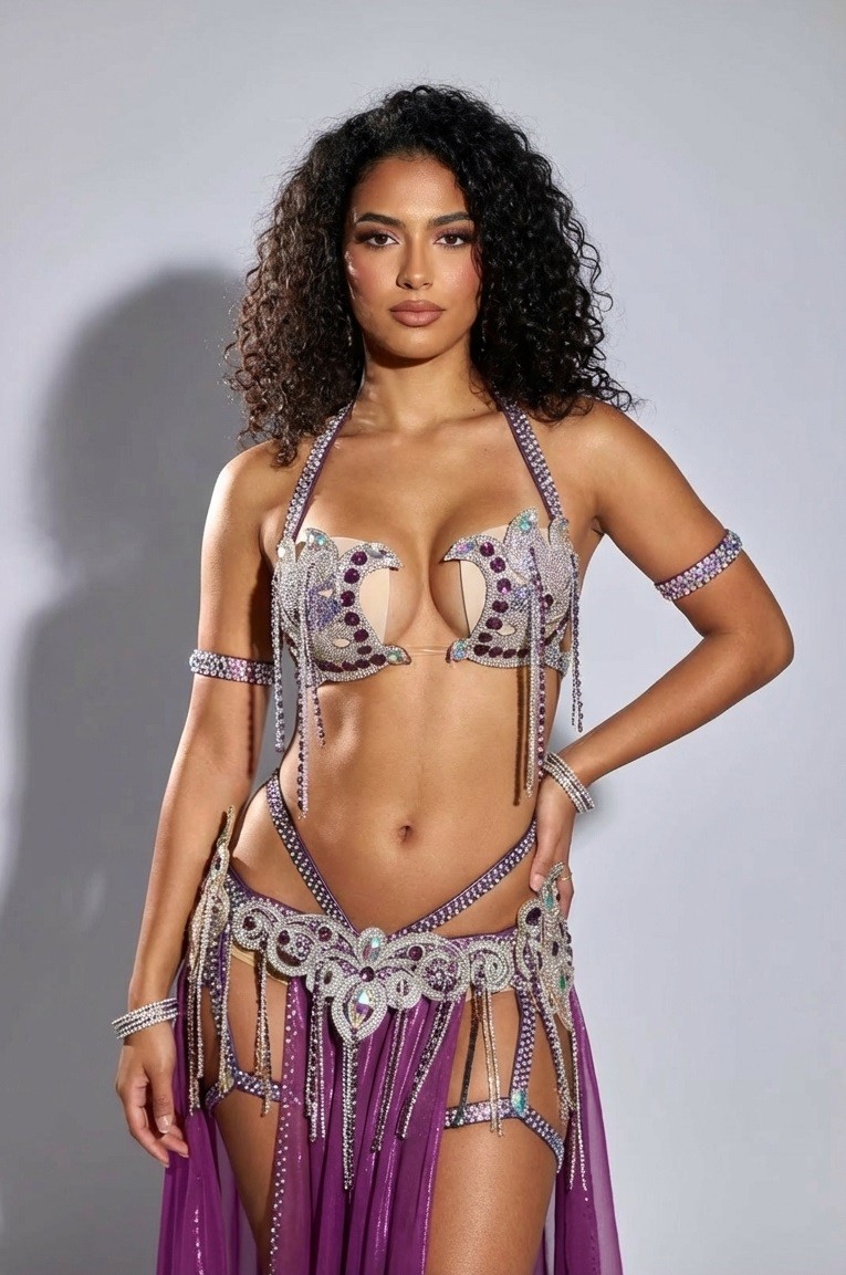 Crystal-Embellished Belly Dance Costume – Modern Purple Design