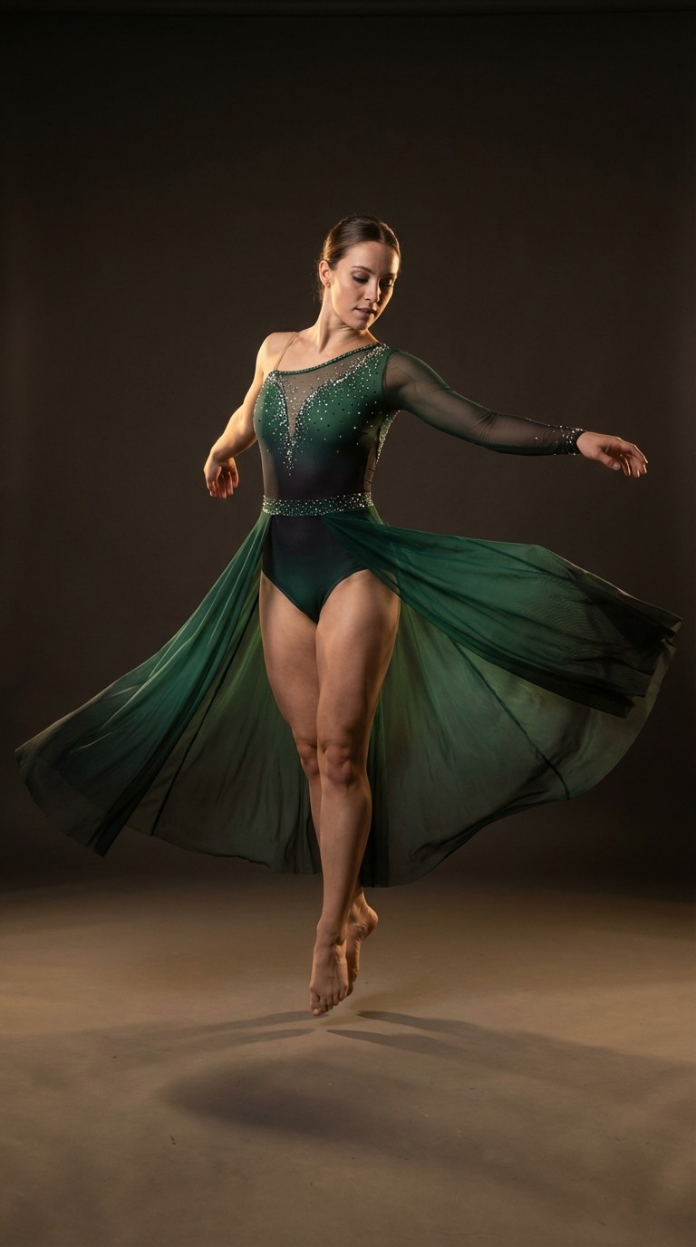 Celestial Emerald Eclipse: Asymmetrical Ombré Lyrical Performance Gown